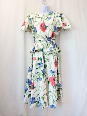 Vintage 1980s Halmode Plus White Cotton Floral Print Peplum waist sash belt 16W